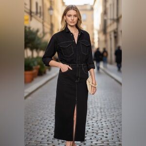 Pistola Amira Denim Midi Dress Vioght Dark High Slit Long Sleeve XS NWOT